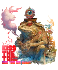 kiss the toad, see the universe, psychedelic trippy design of the bufo alvarius sonoran toad