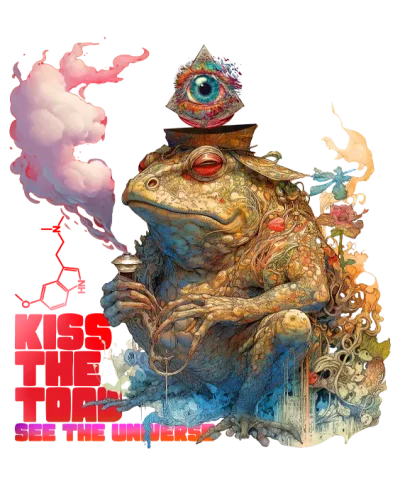 kiss the toad, see the universe, psychedelic trippy design of the bufo alvarius sonoran toad