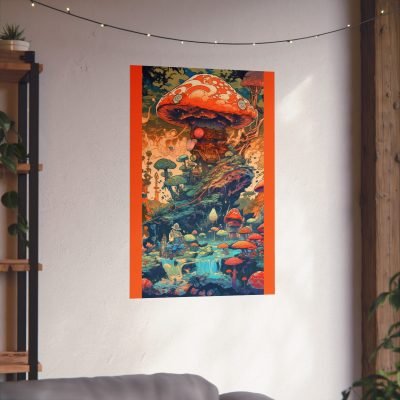 orange mushroom dreamscape with psychonaut chilling in the water