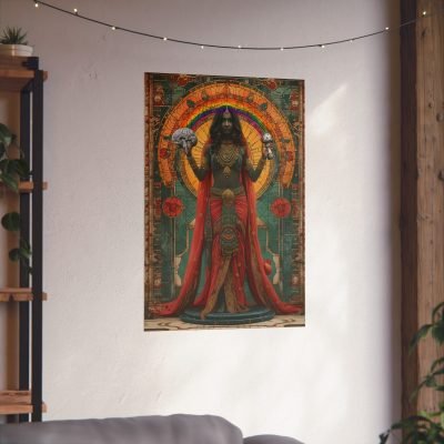 hindu goddess holding brain and mushroom tethered by rainbow