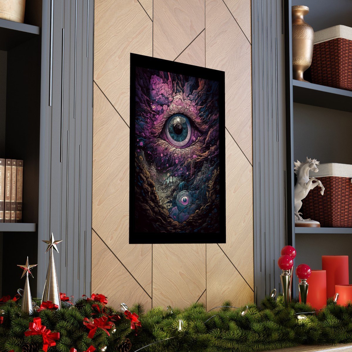 Colorful visionary 'Trippy Eye in the Sky' poster with celestial motifs and hypnotic patterns"