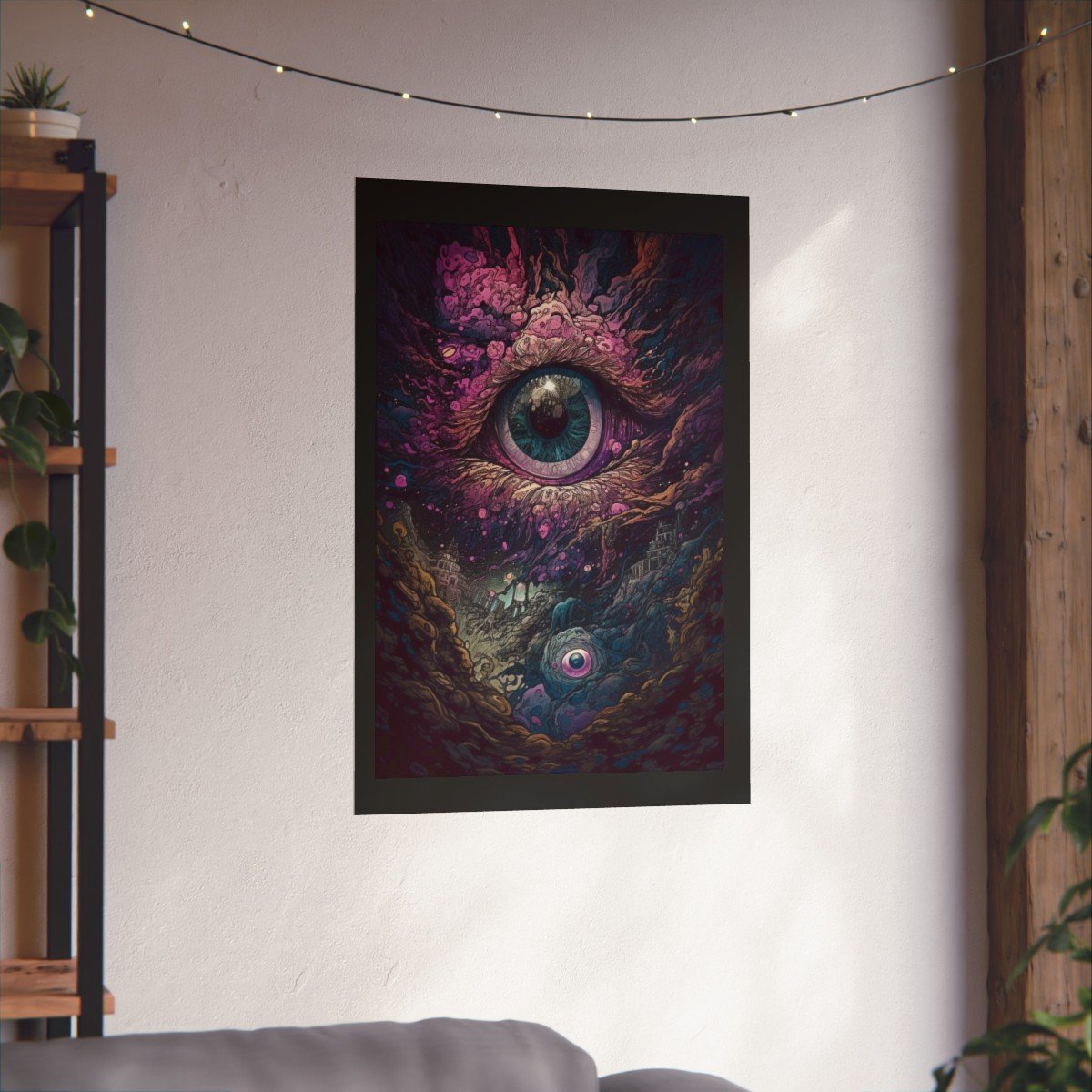Colorful visionary 'Trippy Eye in the Sky' poster with celestial motifs and hypnotic patterns"