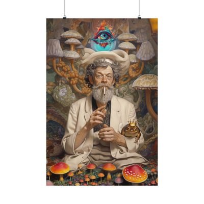 terence mckenna in a magic mushroom world with the third eye opening above his head